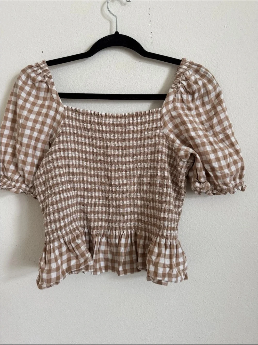 J Crew Gingham Milkmaid Praire Seersucker Brown Puff Sleeve Top M